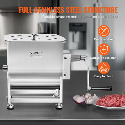 VEVOR Manual Meat Mixer, 40L Fixed Tank – Heavy Duty Stainless Steel Hand Mixer for Ground Beef & Sausage, Max 60lb Mixing Meat Capacity, with Gear Box and Lid Handle