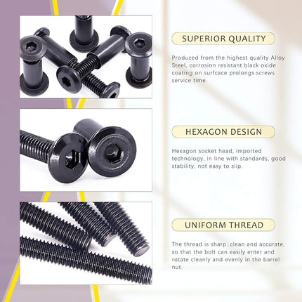 Swpeet 120Pcs M6x16mm/20mm/25mm/30mm/35mm Carbon Steel Black Hex Drive Socket Cap Bolts Barrel Nuts Kit with 1Pcs Allen Wrench, Screw Post Fit for Furniture Countsunk Belt Buckle Leather Binding Bolts