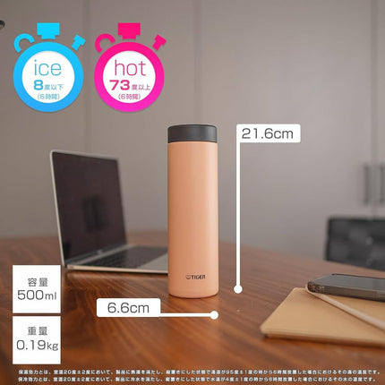 Tiger Thermos MMZ-W050CW Water Bottle, 16.9 fl oz (500 ml), Screw Mug, Stainless Steel Bottle, Cold Retention, Lightweight, Smooth Mouth, Easy to Clean, BPA Free, Cinnamon Beige
