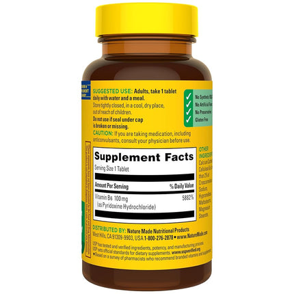 Nature Made Vitamin B6 100 mg Tablets, 100 Count for Metabolic Health† (Packaging May Vary)