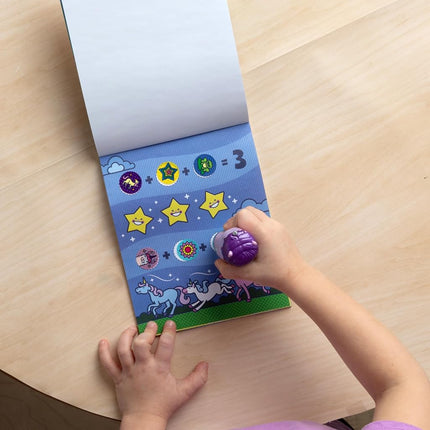 Melissa & Doug WOW 24-Page Activity Pad and Sticker Stamper | Travel Toys for Kids | Glitter Unicorn - Purple - FSC Certified