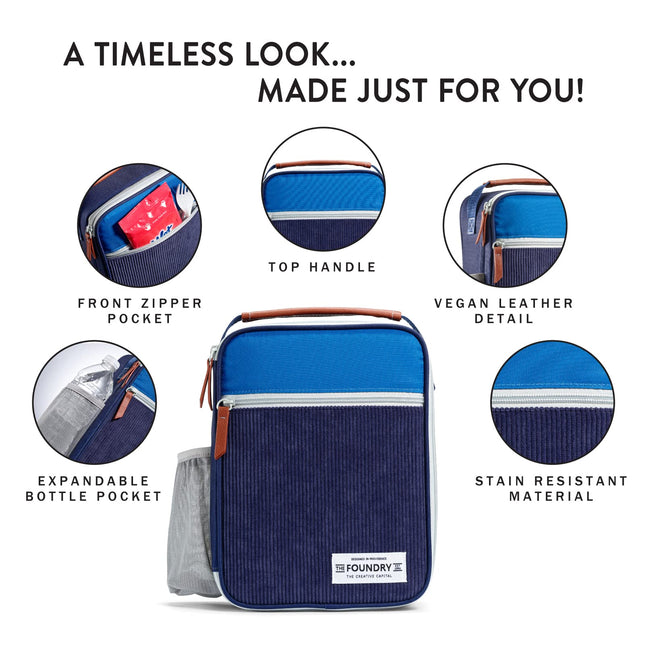 Foundry by Fit + Fresh, Thayer Insulated Lunch Bag, Reusable Lunch Box & Soft Mini Cooler Bag, Perfect for School, Work, Picnics & More, Corduroy Blue