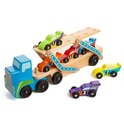 Melissa & Doug Mega Race-Car Carrier | Wooden Vehicles & Trains | Trucks & Vehicles | 7+ | Gift for Boy or Girl