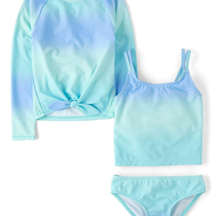 The Children's Place Girls' Long Sleeve Rashguard and Tankini Swimsuit, 3 Piece Set, Rainbow Blue, XX-Large
