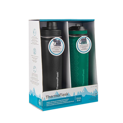 ThermoFlask 24 oz Double Wall Vacuum Insulated Stainless Steel 2-Pack of Water Bottles, Black/Malachite