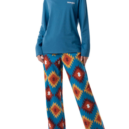 Wrangler Women's Jersey Top and Flannel Pant Sleep Pajama Set, Sea Blue/Southwestern Geo, 2X