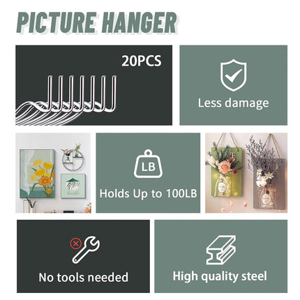 FURHUA 20pcs Super Hook Picture Hangers and Office Pack, Drywall Hooks for Hanging Pictures, Wall Hooks, Picture Hangers, Picture Hanging Kit，Hang Art, Clock, Shelves, Mirrors