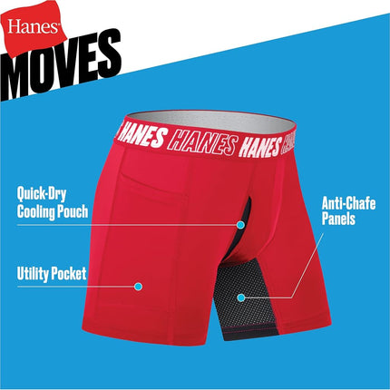 Caleçons boxeurs anti-frottements Hanes Boys' Moves, noir/bleu/rouge - Jambes longues, petite taille
