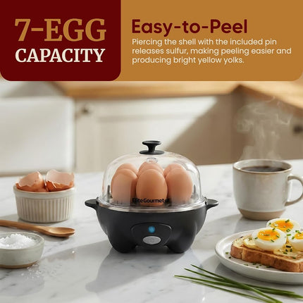 Elite Gourmet EGC-007B# Rapid Egg Cooker, 7 Easy-To-Peel, Hard, Medium, Soft Boiled Eggs, Poacher, Omelet Maker, Auto Shut-Off, Alarm, 16-Recipe Booklet, BPA-Free, Black