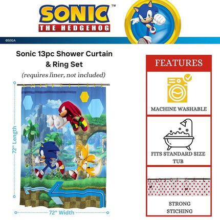 Franco Sonic Anime 13 Piece Shower Curtain and Ring Set, (100% Officially Licensed Product)