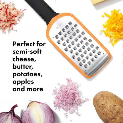 OXO Good Grips Etched Coarse Grater, Sharp Stainless Steel Blade for Cheese, Vegetables and More, Non-Slip Foot, Comfortable Soft Handle, Snap-On Cover, Handheld Kitchen Grater