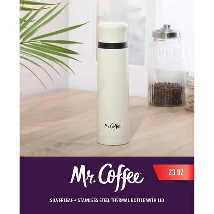 Mr. Coffee Silverleaf 23 oz Stainless Steel Thermal Bottle – Double Wall Vacuum Insulated Travel Mug with Leak-Proof Lid, White – Hot & Cold Beverage Flask for Work, Commute, or Camping