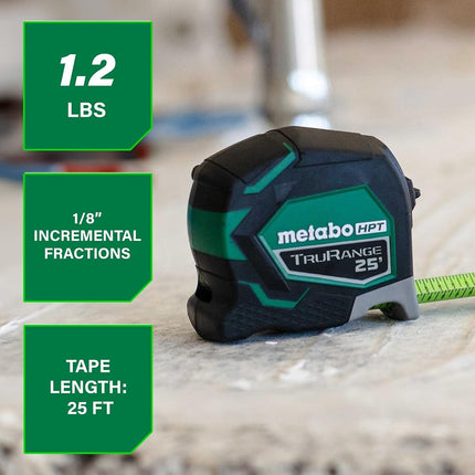Metabo HPT Measuring Tape, 25' TruRange, Long Reach 17-ft, High Visibility Green Blade, 1/8" Incremental Fractions, Durable Extruded Nylon Coated Steel, Lightweight Design, 115925M