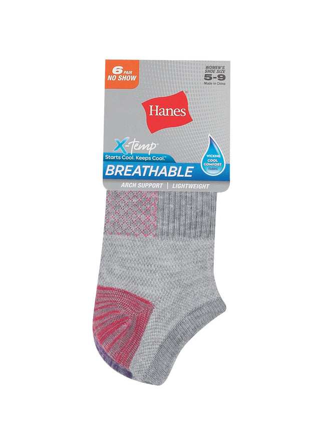 Hanes Women's Lightweight Breathable No Show Socks 6 Pair Pack, Pink/Grey Accent Design, Shoe Size: 5-9