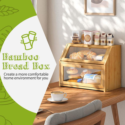 BMOSU Farmhouse Bread Box for Kitchen Countertop Bread box Double Layer Bamboo Wooden Extra Large Capacity Bin Kitchen Food Storage Container(Natural)