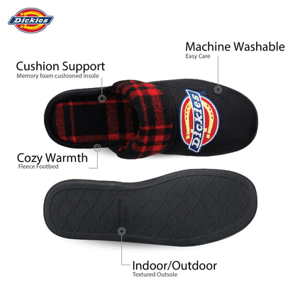 Dickies Men's Open Back Slide-On Plaid Fold-Over Scuff Slippers with Embroidered Logo Slippers, black, XX-Large