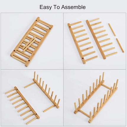HBlife 4pcs Bamboo Dish Plate Bowl Cup Book Pot Lid Cutting Board Drying Rack Stand Drainer Storage Holder Organizer Kitchen Cabinet (Set of 4)