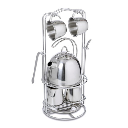 Melissa & Doug Stainless Steel Pretend Play Tea Set and Storage Rack for Kids (11 pcs)