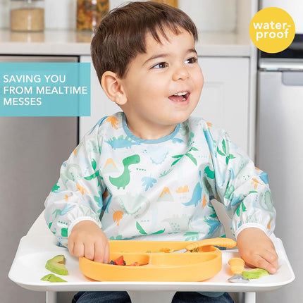 Bumkins Sleeved Bib, Handy Tie Closure for Custom Fit, Catch-All Pocket, Baby-Led Weaning, Waterproof, Machine Washable, Stain & Odour Resistant, BPA Free, 6-24 Months, Dinosaur Design