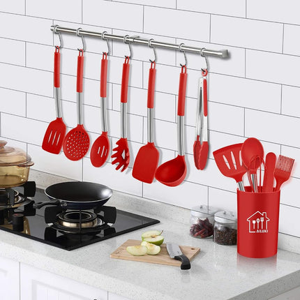 AILUKI Silicone Cooking Utensil Set, Kitchen Utensils 14 Pcs Cooking Utensils Set,Non-Stick Heat Resistant Silicone,Cookware with Stainless Steel Handle - Red