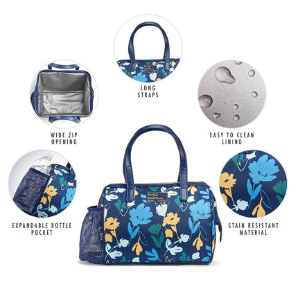 Fit & Fresh Cloverdale Adult Insulated Lunch Bag with Side Pouch & Carry Handles, Complete Lunch Kit Includes 2 Containers, Botanical Silo Navy