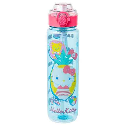 Silver Buffalo Sanrio Hello Kitty Pool Party Plastic Blue Water Bottle with Locking Lid, Strap, and Hydration Tracker, 33 Ounces
