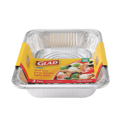 Glad Disposable Aluminum Half Size Deep Steam Pan | 2 Count | Foil Steam Pan | 12.5” x 10.25” x 2.5” Aluminum Pan | Disposable Steamware Foil Pans for Steaming
