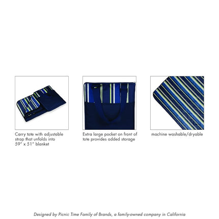 PICNIC TIME ONIVA - a brand - Vista Outdoor Picnic Blanket & Tote - Beach Blanket - Camping Blanket, (Fun Stripe Pattern with Aqua Blue Exterior)