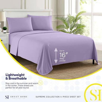 Sweet Home Collection Luxury Bedding Set with Flat, Fitted Sheet, 2 Pillow Cases, Microfiber, Lavender, Queen