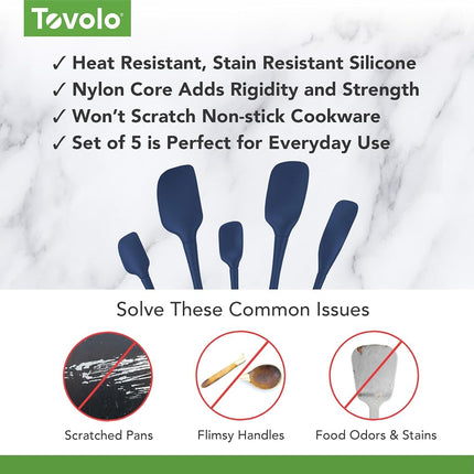 Tovolo Flex-Core All-Silicone Set of 5 Spatulas (Deep Indigo) - Kitchen Utensils & Gadgets Essential for Baking, Cooking, Grilling, Apartment, & New Home/BPA-Free & Dishwasher-Safe