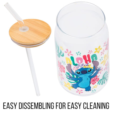 Silver Buffalo Disney Lilo and Stitch “Aloha” Tropical Hawaiian Glass Jar Tumbler with Bamboo Lid and Glass Straw, 16 Ounces