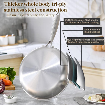 DELARLO Tri-Ply Stainless Steel Frying Pan,Compatible with All Cooktops Up to 500℉, Heavy Duty, Fast & Even Heat (12IN+Lid)