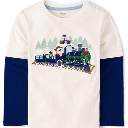 Gymboree Boys and Toddler Embroidered Graphic Long Sleeve Layered T-Shirts, Santa Train, 2T