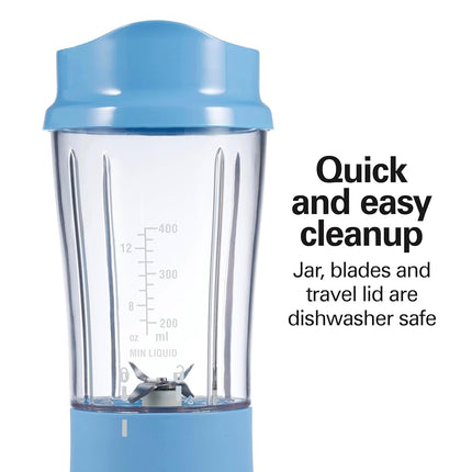 Hamilton Beach Personal Blender for Smoothies & Protein Shakes, Portable Single Serve Blender with Travel Lid, 14 oz BPA-Free Jar, 175W, Compact Countertop Blender, Tranquil Blue, 51172