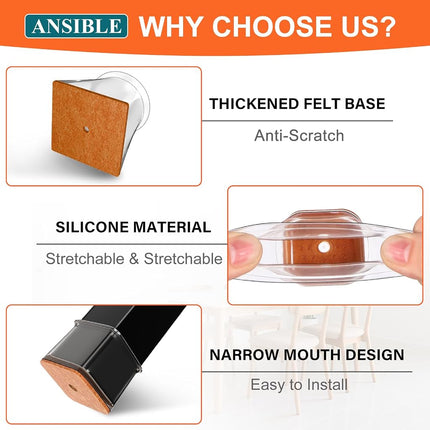 Ansible 24 pcs Square Extra Large Chair Leg Floor Protectors, Furniture Felt Pads Silicone Covers caps for Chairs,Chair Leg Protectors for Hardwood Floors (X-Large fit:1-5/8'' to 2.2'')