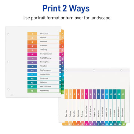 Avery 15 Tab Dividers for 3 Ring Binders, Customizable Table of Contents, Multicolor Tabs, 3 Sets (11074)