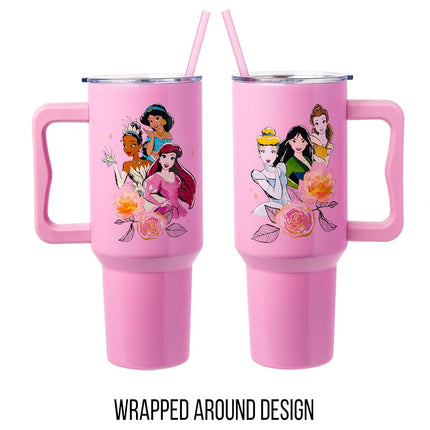 Silver Buffalo Disney Princess Featuring Cinderella, Mulan, Belle, Ariel, Tiana, and Jasmine Double Walled Stainless Steel Tumbler with Handle and Straw, Fits in Standard Cup Holder, 40 Ounces