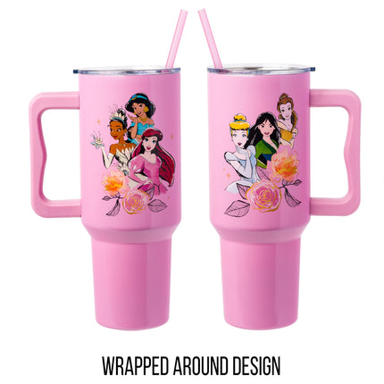 Silver Buffalo Disney Princess Featuring Cinderella, Mulan, Belle, Ariel, Tiana, and Jasmine Double Walled Stainless Steel Tumbler with Handle and Straw, Fits in Standard Cup Holder, 40 Ounces