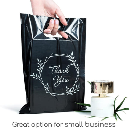 100 Thank You Bags for Business Small Black Color 1.5Mil Merchandise Bags 23cm x 30cm (9”x12”) Extra Thick Glossy Black Retail Bags and Thank You Bags with Handles