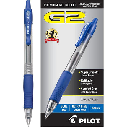 Pilot G2 Retractable Premium Gel Ink Roller Ball Pens, Ultra Fine Point, Blue Ink, Dozen Box -31278