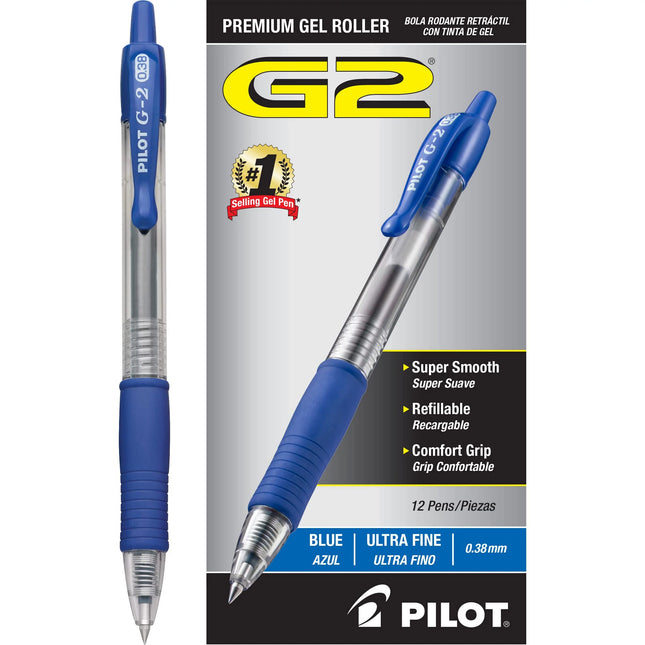 Stylos à bille gel rétractables de qualité supérieure Pilot G2, pointe ultra fine, encre bleue, boîte de douze - 31278