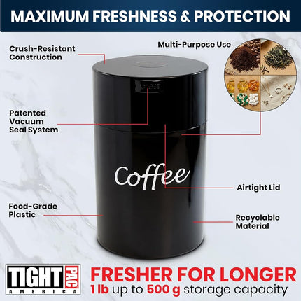 Coffeevac 1LB – Patented Airtight Container | Multi-use Vacuum Container Works as Smell Proof Containers for Ground Coffee and Coffee Bean Containers. Black with Logo
