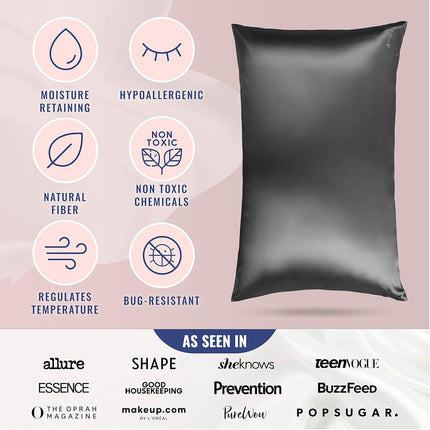Funda de almohada de seda BLISSY - 100% seda de morera pura - Fibras de alta calidad 6A de 22 Momme - Funda de almohada de satén para cabello y piel - Regular, Queen y King con cremallera oculta, gris