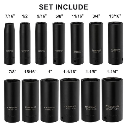 CASOMAN 1/2-Inch Drive Deep Impact Socket Set, 13 Pieces Set, 7/16"-1-1/4", CR-MO, SAE, Heavy Duty Storage Case