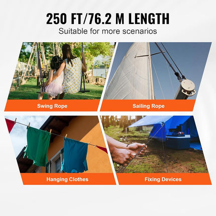 VEVOR Braided Nylon Rope, 3/16 in x 250 ft, 32 Strands, 720 LBS Breaking Strength Outdoor, Arborist Tree Rigging for Rock Hiking Camping ord Swing Rappelling Rescue, Black