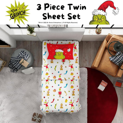 Franco Collectibles Dr. Seuss The Grinch Parure de lit de Noël super douce en microfibre 3 pièces pour lit jumeau (produit sous licence officielle)