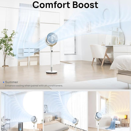 DREO Fan for Bedroom, 120° Oscillating Standing Fan, Quiet Floor Fan with DC Motor, 80ft Pedestal Fan for Room, 8 Speeds, 3 modes, 23dB, 120° Manual Vertical, 35-40" Adjustable Height, 8H Timer, White
