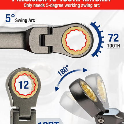 WORKPRO 8-piece Flex-Head Ratcheting Combination Wrench Set Cr-V Nickel Finish with Organizer Bag
