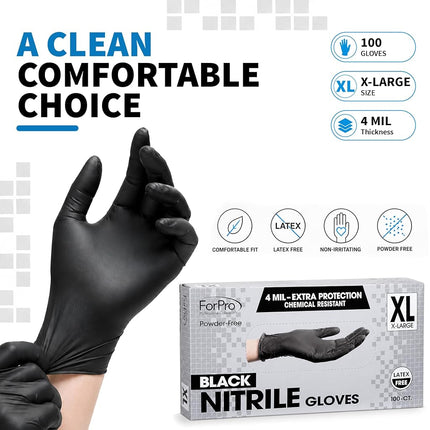 ForPro Disposable Nitrile Gloves, Chemical Resistant, Powder-Free, Latex-Free, Non-Sterile, Food Safe, 4 Mil, Black, X-Large, 100-Count