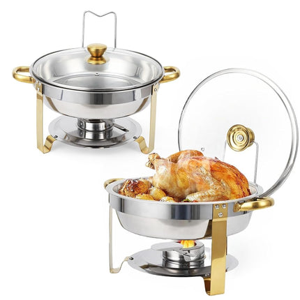 Chafing Dishes for Buffet Set of 2, 5QT Stainless Steel Buffet Serves and Warmers, Round Catering Food Warmers with Glass Lid & Lid Holder for Parties Gatherings Events Wedding Banquet, Gold